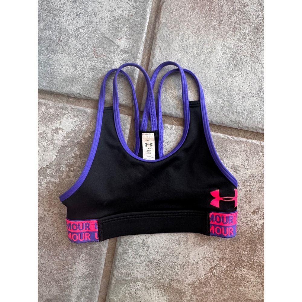 Under Armour Girls YXS Black Purple Pink HeatGear Sports Bra Racerback Athletic